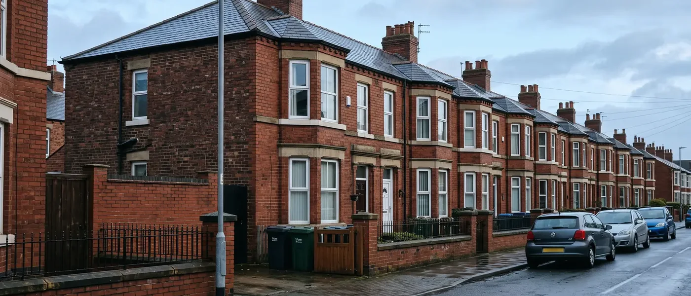 Red-brick Victorian terraced houses on a UK street, the kind of homes an EPC checker covers